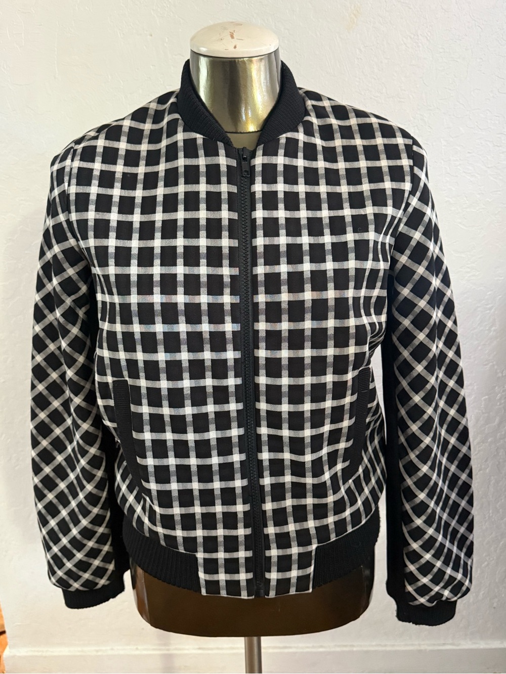 Maje Black and White Checkered Bomber Jacket